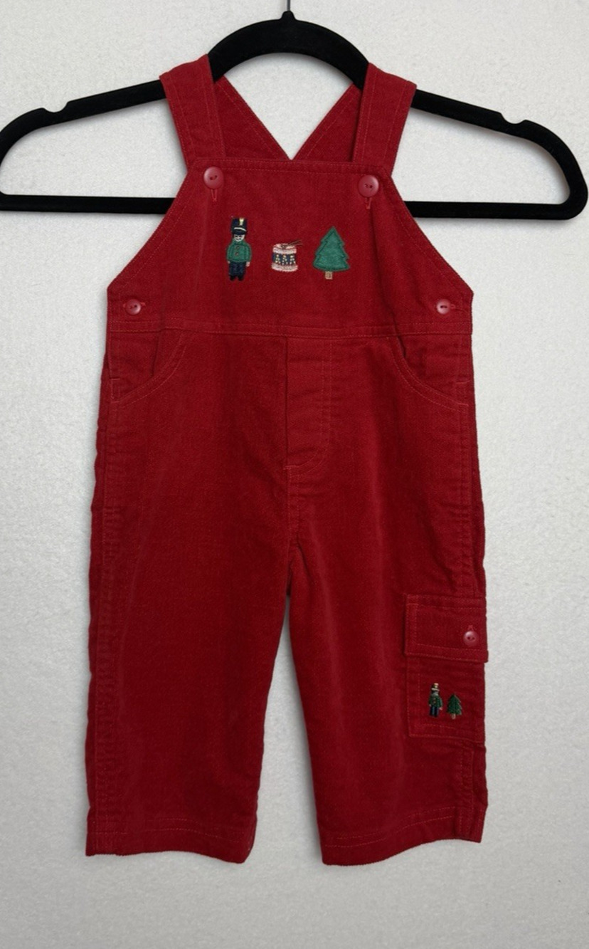Baby Christmas Overalls Red Corduroy w/ Embroidery Size 6/9 Months Unisex